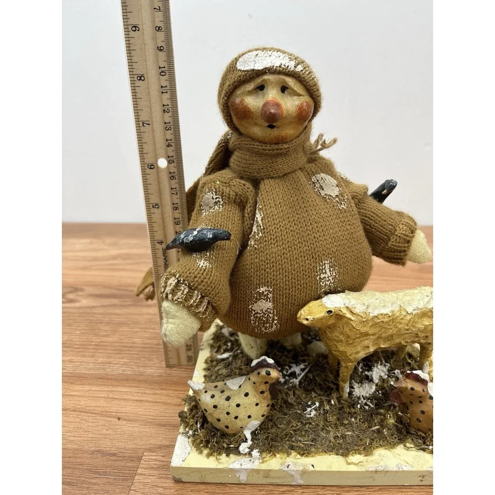 Folk Art Mixed Media Snowman with Farm Animal Friends Sheep Chickens Birds